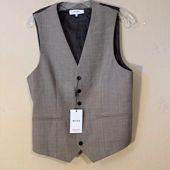 Reiss Waistcoat Men 38 Light Brown Rope-Textured Wool Tailored Vest NEW‎