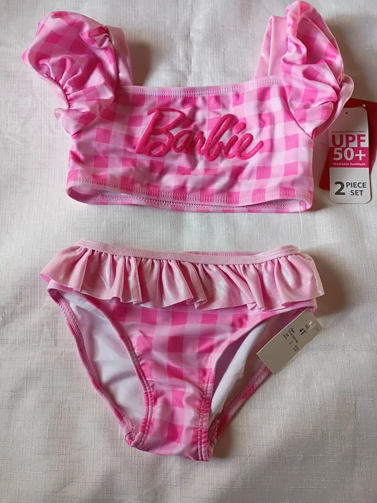 Barbie Girl's Pink Gingham Ruffle Two-Piece Swim Set Bikini Tankini Size 4