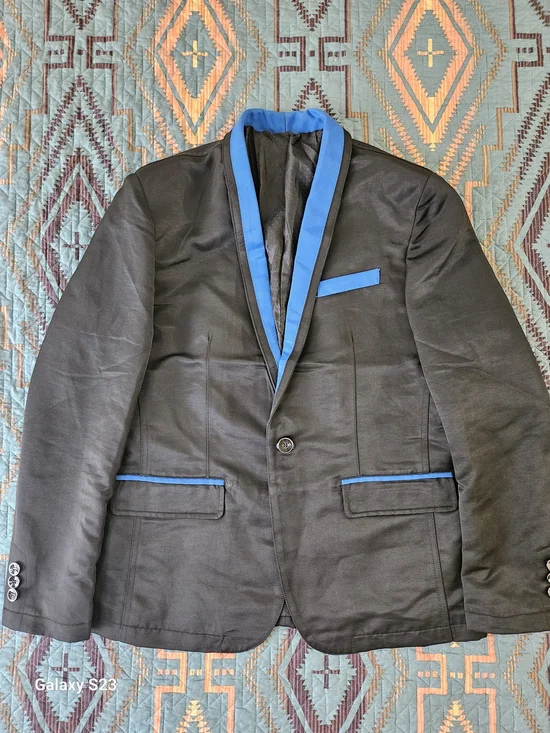 Men's Black Blazer with Blue Trim - Tailored Sport Coat