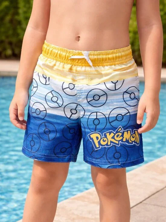 Pokemon Swim Trunks Poke Ball Yellow White Stripes Drawstring Boys Medium
