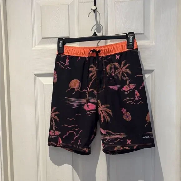 Hurley Black and Pink Board Shorts Tropical Design SZ 10/12 Neon orange and pink
