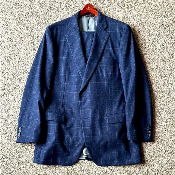 *Luxury* Paul Stuart Navy Windowpane Check Wool Flannel 2 Btn Suit 42 L
