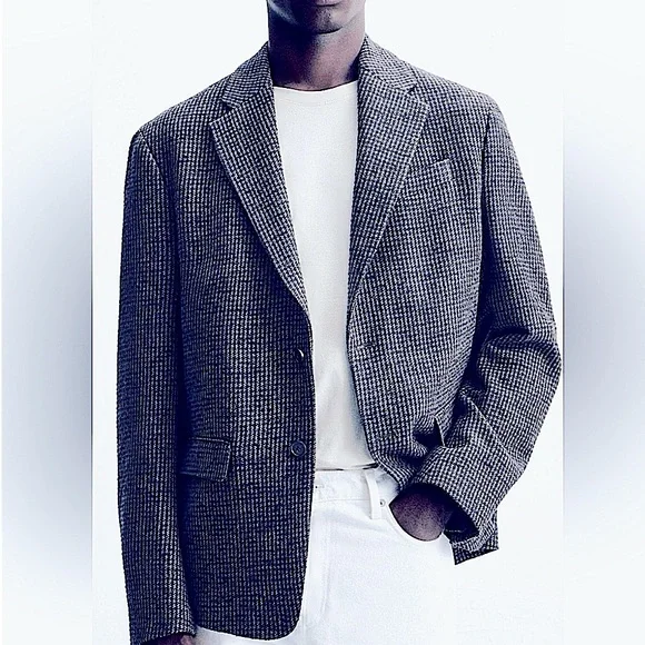 Zara Men’s Comfort Knit Navy Gray Checkered Two Button Blazer Jacket *NEW* Sz 36