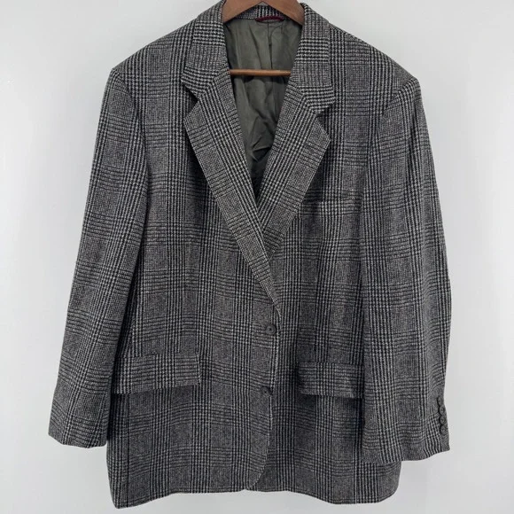 Hart Schaffner Marx Blazer Mens 48S Grey Glen Plaid Pure Virgin Wool Sport Coat