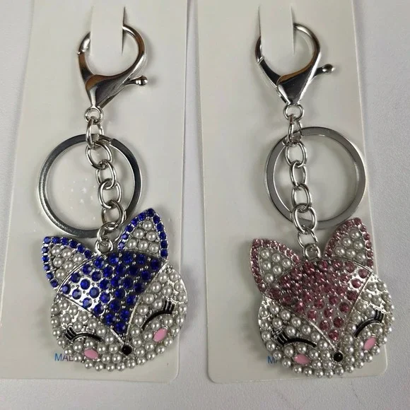 Pastel Collection Fox Bag Charm Key Chain Silver NEW Pearl Blue Pink Rhinestone