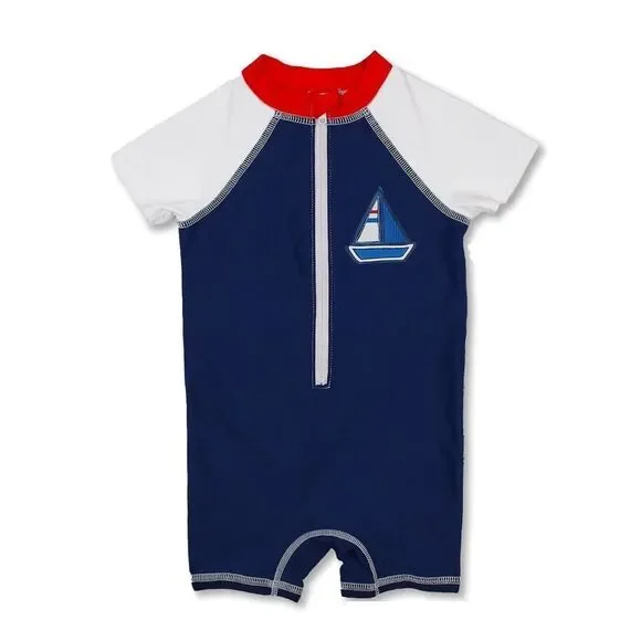 NWT* Floatimini Boys Sailboat Short Sleeve Half Zip One Piece Swim Sunsuit 12M