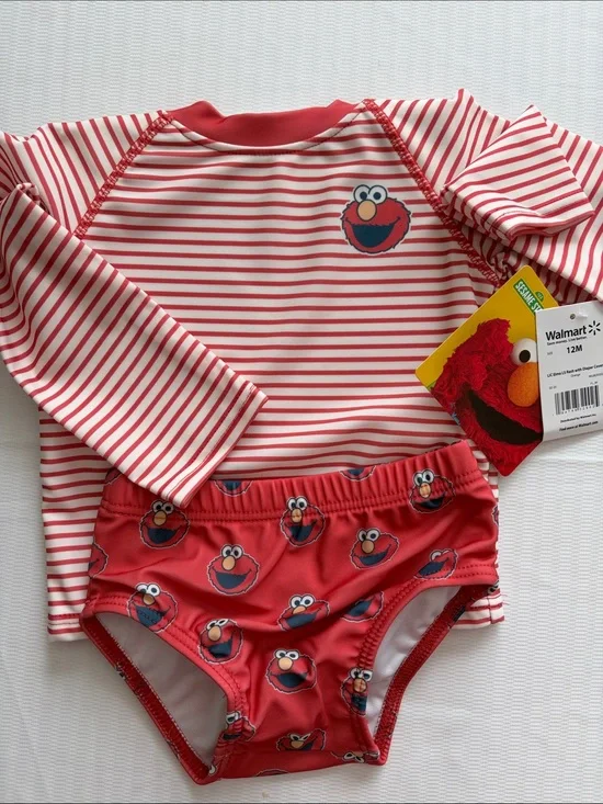 Sesame Street Elmo Red & White Striped Rashguard with Bottoms NWT 12m