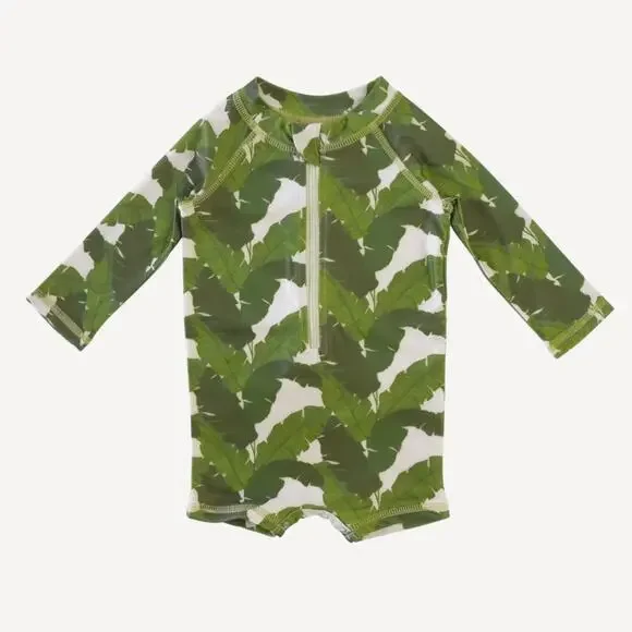 Kate Quinn Green Banana Leaves Long Sleeve Zip Front Rash Guard Size 3-6 Months