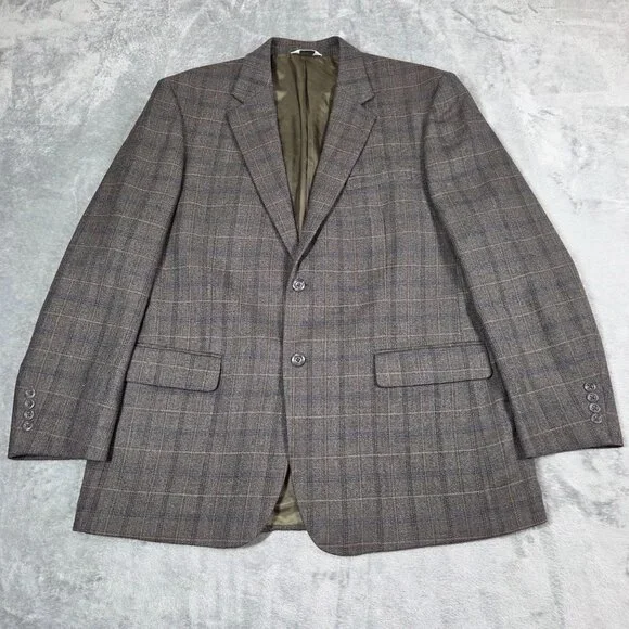 Joseph & Feiss Sport Coat Mens 44R Gray Brown Glen Plaid Wool Blazer Jacket