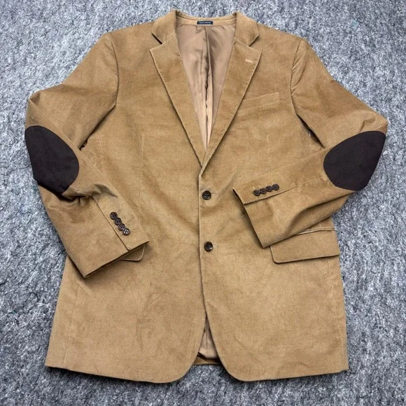 Stafford Mens Corduroy Blazer Tan Camel Elbow Patches Classic Fit Sport Coat