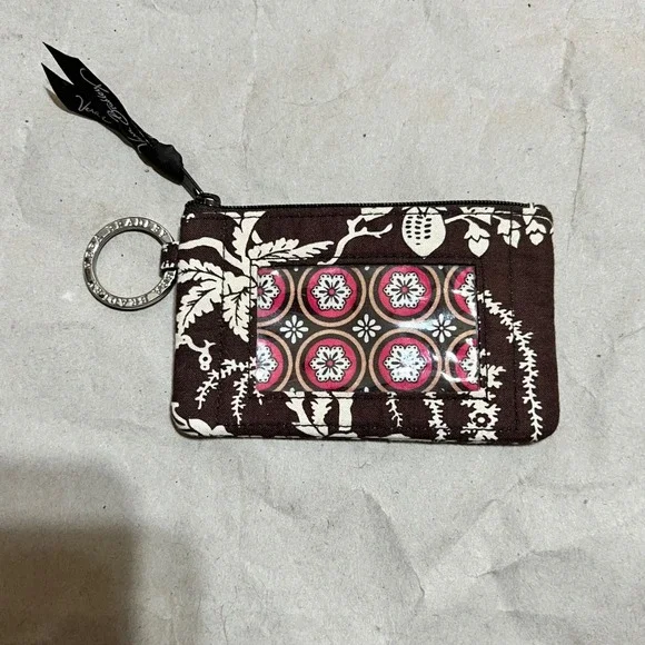 Vera Bradley Small Zip ID Case Java Blue Brown Floral Quilted Wallet Keyring