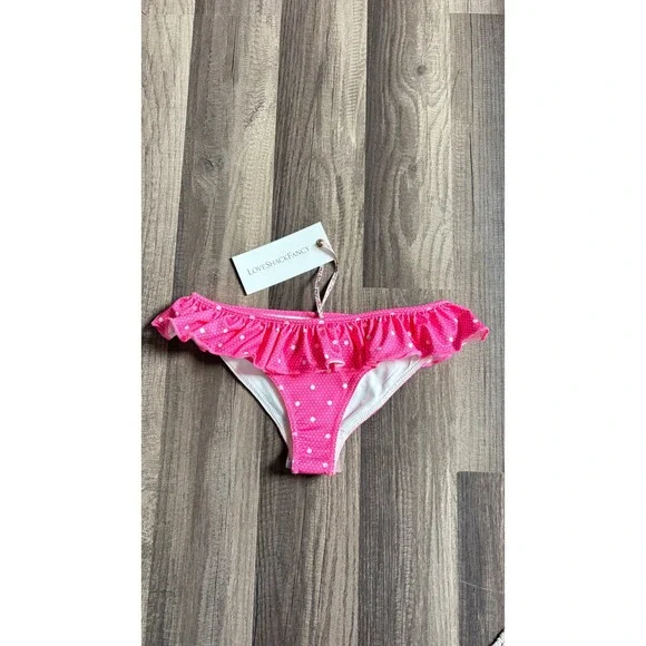 $95 NWT LoveShackFancy Girls Bikini Bright Pink Multi Polka Dot Ruffle Size 3-4Y