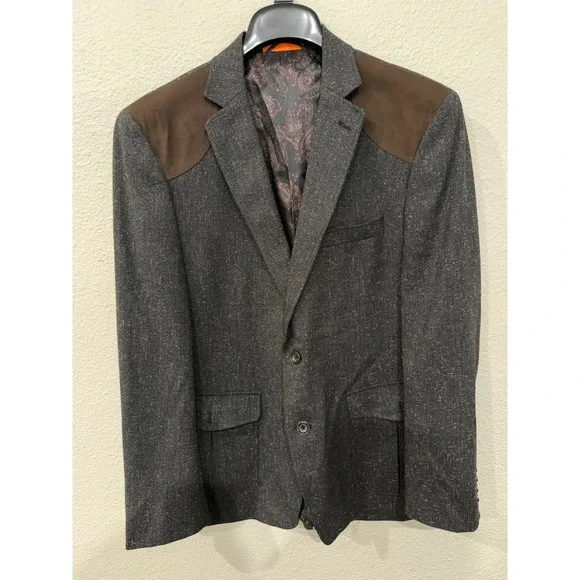 Tallia Orange Mens Charcoal Grey Wool Blend Blazer Brown Suede Shoulder Patches