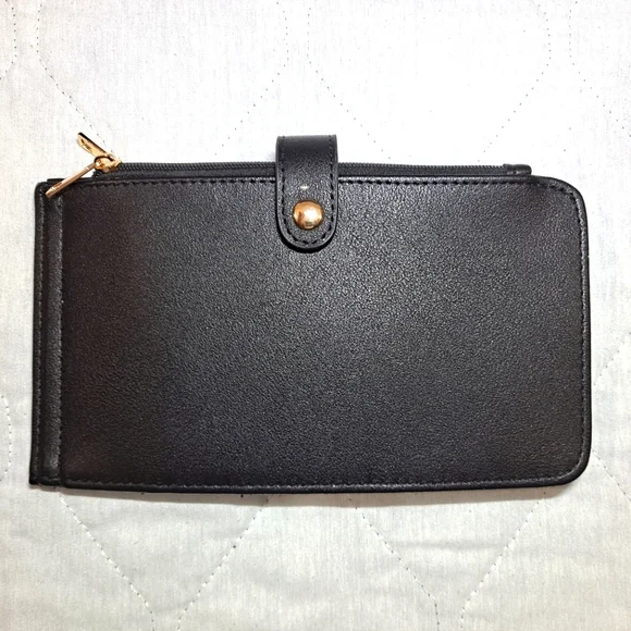 Tong Guang Purse Wallet 19 Credit Card Holder & 2 Zip Pockets Black/Gold Women's