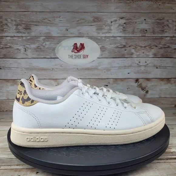 Adidas Advantage Women's Size 6.5 White Athletic Leopard Print Shoes
