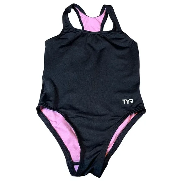 TYR Girls Durafast Elite Solid Maxfit One Piece Swimsuit Black Pink XS 4/5