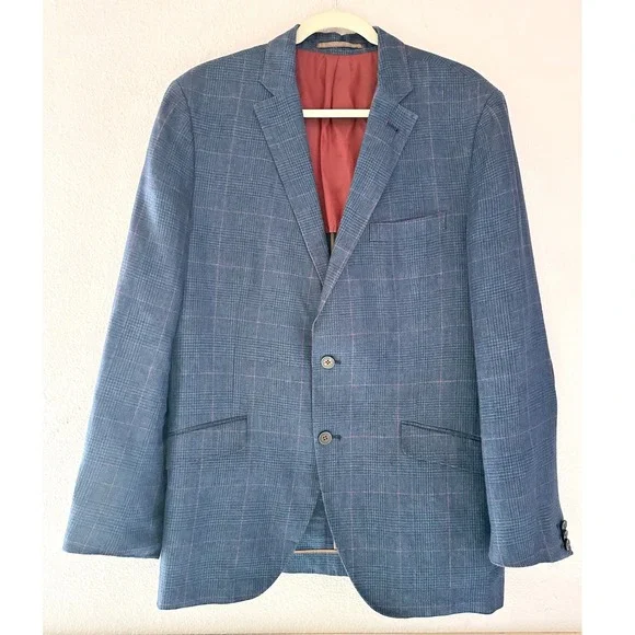 El Ganso Mens Blue Plaid Blazer Sport‎ Coat Red Elbow Patches Two Button