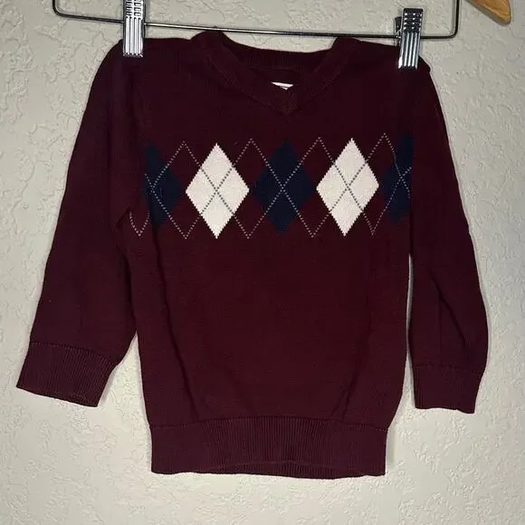 The Children’s Place Burgundy Argyle Sweater V Neck 2T Preppy Academia Golf