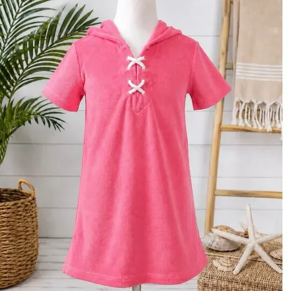Tea Collection Pink Terry Cloth Hooded Cover Up Beach Dress Size 5 New Vacation