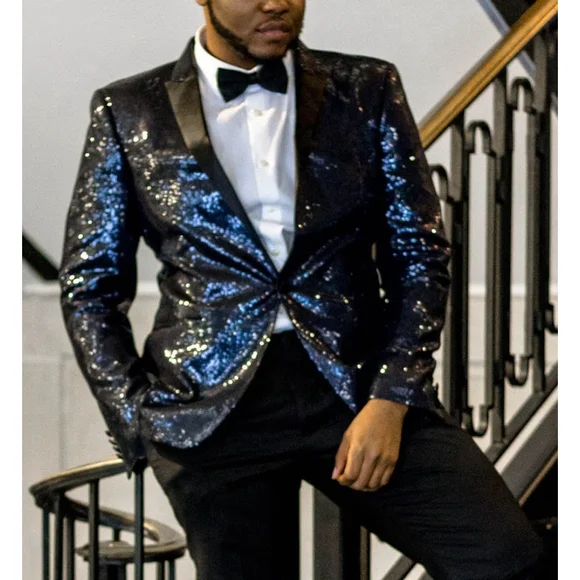 NWT ZARA MAN Navy Blue Sequined Tuxedo Suit Jacket