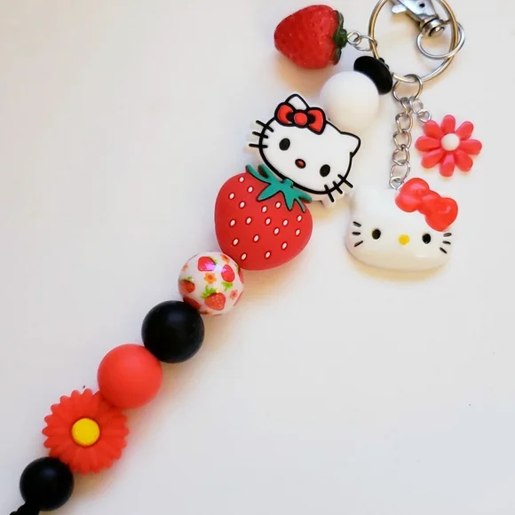 Handmade Kawaii Black Red White Strawberry Flower Hello Kitty Keychain