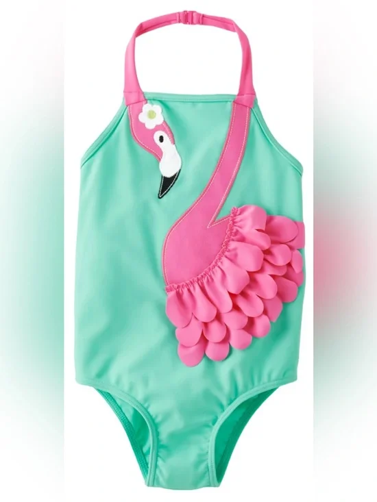 Girls Green Flamingo Applique Swimsuit 12-18M