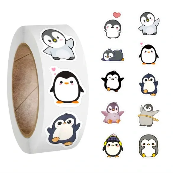 Roll of 500 Cute Penguin Stickers 8 Designs Vinyl Cartoon Roly Poly