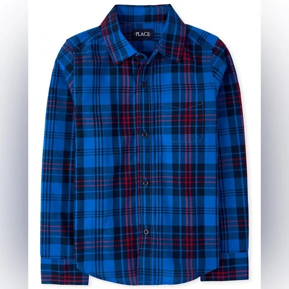 The Children’s Place Boys Plaid Poplin Button-Down Shirt – Blue (XXL / 16)
