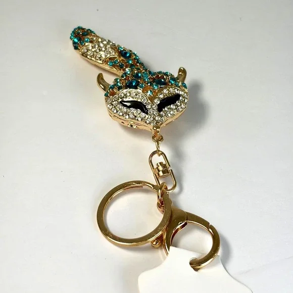 Boutique Fox Keychain Moving Tail Teal Rhinestone Gold Bling Bag Charm Y2K Gift‎