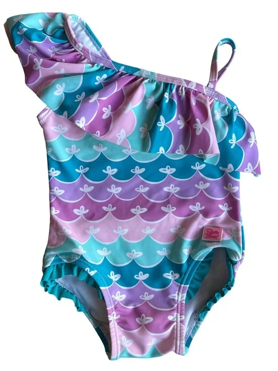RuffleButts Girls Mermaid One-Shoulder Swimsuit 12-18 Months