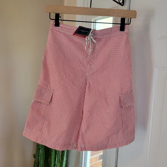 NWT Lands'‎ End Pin Striped Three Pocket Double Drawstring Swimsuit, Size 10-12