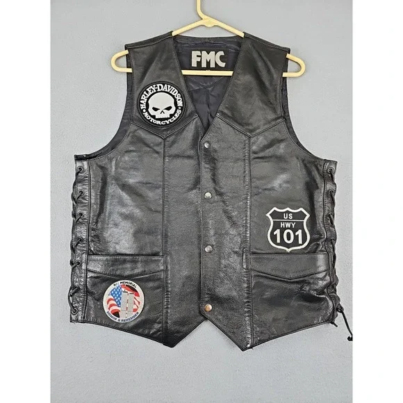 FMC Black Leather Motorcycle Vest Size 40 Harley Davidson 9/11 Memorial HWY 101