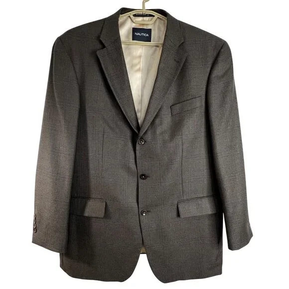 Nautica Mens Gray Tweed Plaid Wool Cashmere Blazer Jacket 46L Superior Tailoring