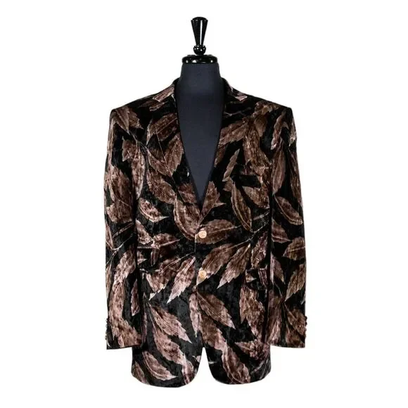 Mens Blazer Brown Black Floral Velvet Luxury Dress Formal Jacket Sport Coat 42R