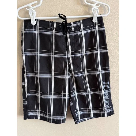 Hurley Boys Black White Plaid Board Shorts Swim Trunks Size 18 CCQ 0734