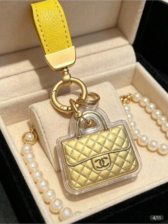 Gold Quilted Handbag Key Holder with Yellow Strap