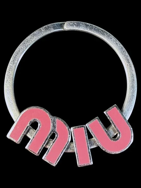 Miu Miu Vintage Pink Enamel and Silver Logo Charm Keychain with COA