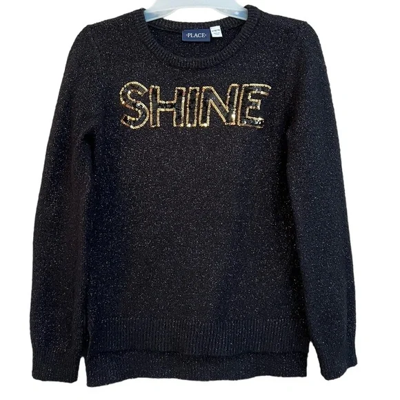 The Children’s Place Girls Black & Gold Shimmery Sequin “SHINE” Sweater,…