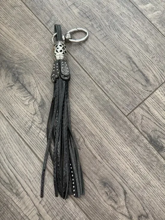 Key Chain Black Embossed Leather Braided Tasseled Silver-Tone Metal Turtle Charm