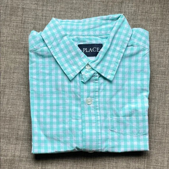 The Children’s Place Teal Gingham Short Sleeve Button Down Shirt NWT 10/12