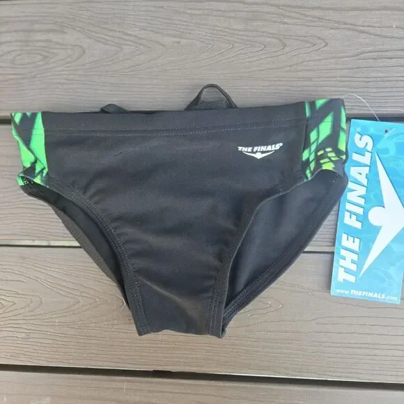 TYR The Finals Splice Black/green Splice Racer Briefs, Boy Sz 24, NEW