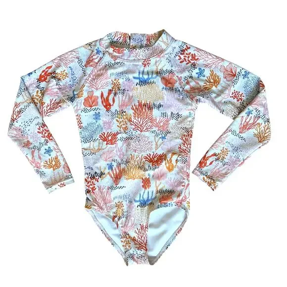 tame the sun Girls Long Sleeve One Piece Swimsuit in Coral Print Size 7