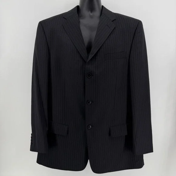Claiborne Suit Jacket Mens 44L Black Pinstripe 100% Wool 3-Button Blazer