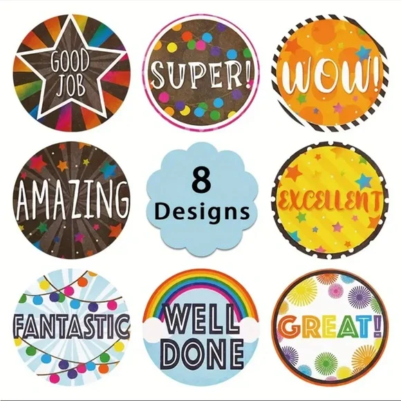 Roll of 500 Reward Stickers Bright Colors 8 Designs Good Job Super Amazing