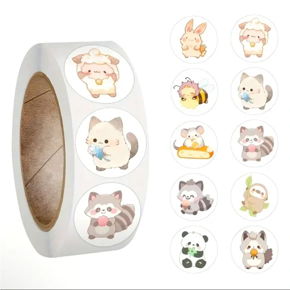 Roll of 500 Round Cute Animal Stickers Bunny Sheep Kitty Bee Fox Panda Mouse