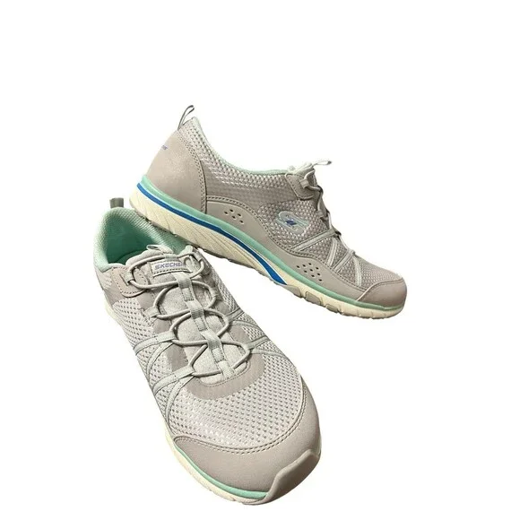 SKECHERS Sport-Active Women's Gray and Mint Mesh Slip On Sneakers Memory Foam