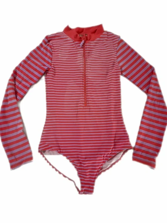 Mini Boden Kids Long-Sleeve Striped Rash Guard Swimsuit - Pink/purple