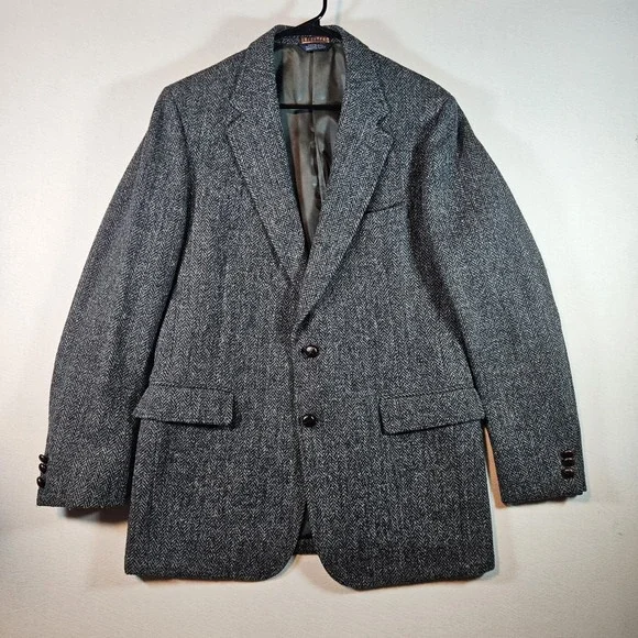 Vtg Harris Tweed Nordstrom Grey Herringbone Wool Sport Coat Blazer 42L Lthr Btn‎