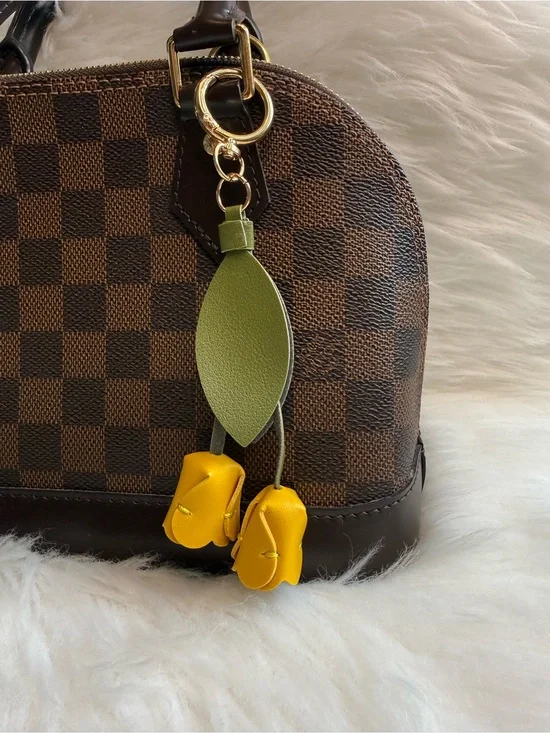 Yellow Tulip Bag Charm Keychain Keyring Leather Flower Charm New Handmade Gift