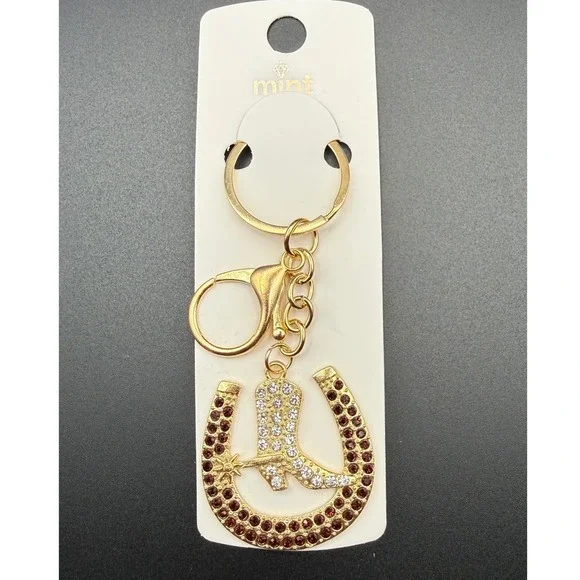 Gold Tone Horseshoe Cowboy Boot Keychain Rhinestone‎ Bling Lucky Charm